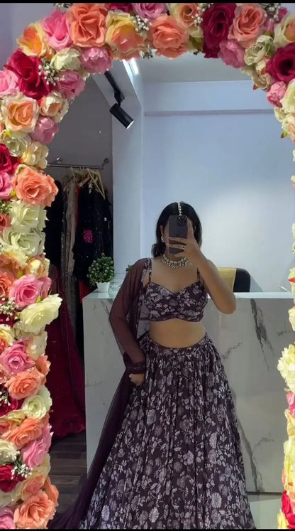 Purple Wine Chinon Silk Lehenga With Floral Digital Print And Dupatta