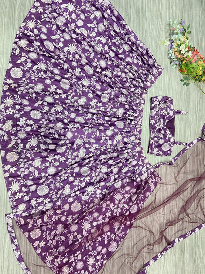 Purple Wine Chinon Silk Lehenga With Floral Digital Print And Dupatta