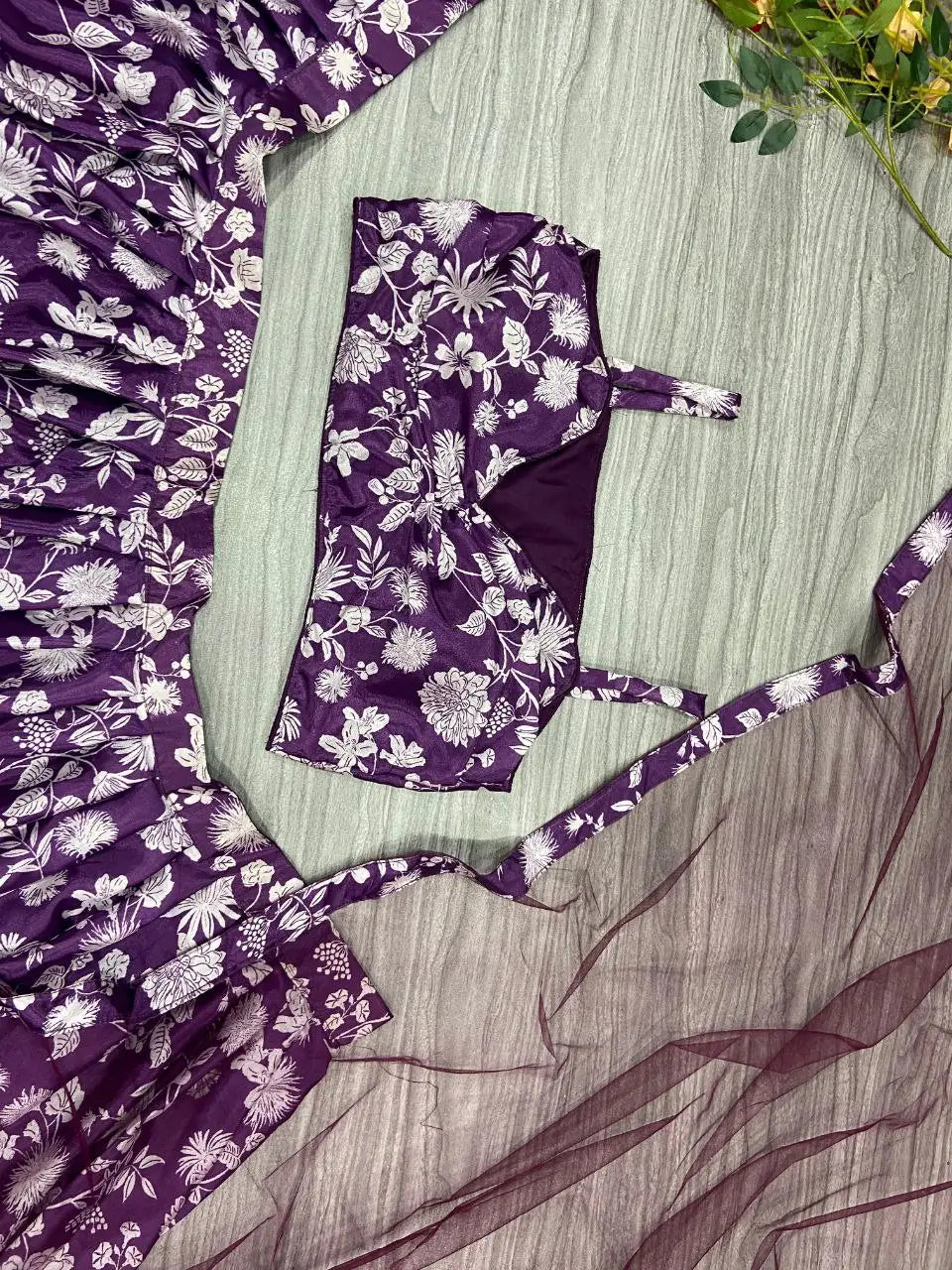 Purple Wine Chinon Silk Lehenga With Floral Digital Print And Dupatta