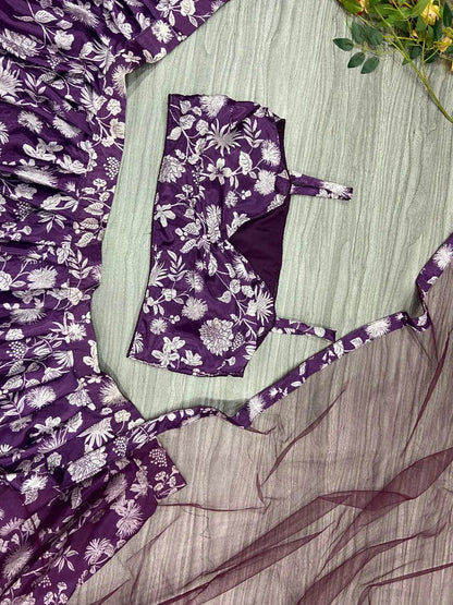 Purple Wine Chinon Silk Lehenga With Floral Digital Print And Dupatta