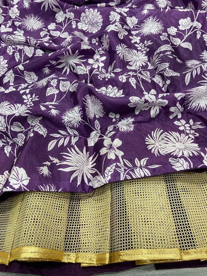 Purple Wine Chinon Silk Lehenga With Floral Digital Print And Dupatta