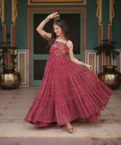 Maroon Bandhani Print With Kutchi Patch Work Navratri Gown