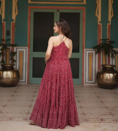 Maroon Bandhani Print With Kutchi Patch Work Navratri Gown