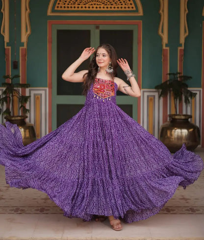 Purple Bandhani Print With Kutchi Patch Work Navratri Gown