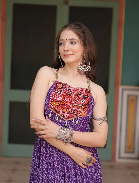 Purple Bandhani Print With Kutchi Patch Work Navratri Gown