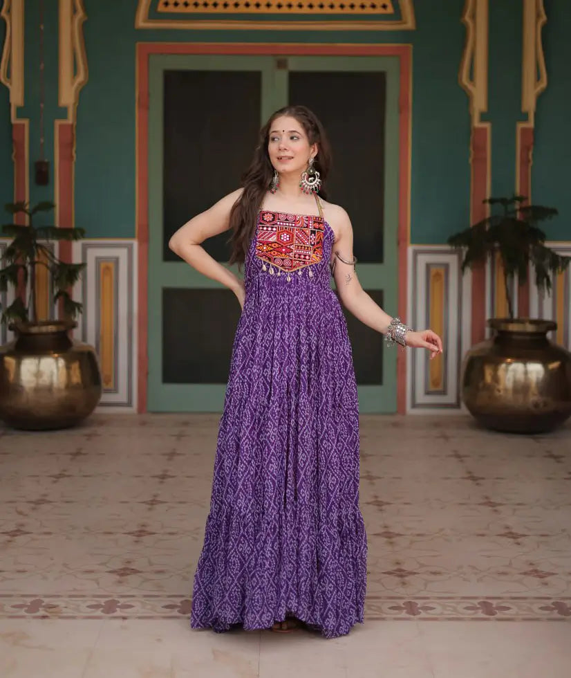 Purple Bandhani Print With Kutchi Patch Work Navratri Gown