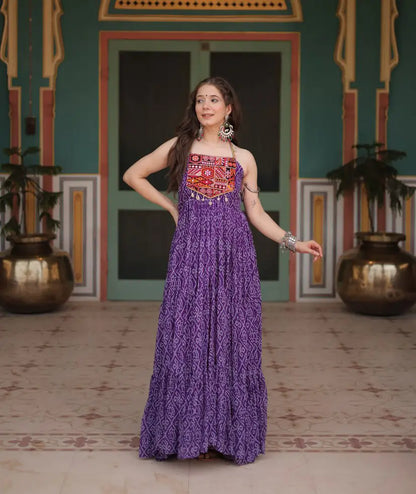 Purple Bandhani Print With Kutchi Patch Work Navratri Gown