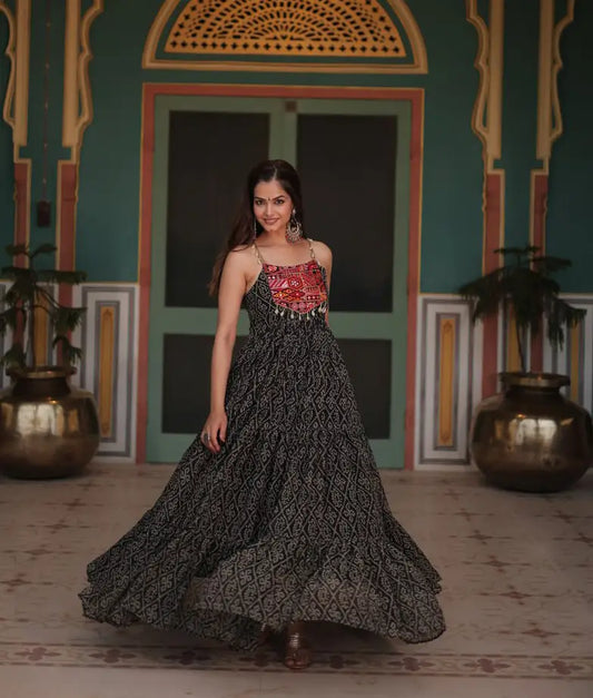 Black Bandhani Print With Kutchi Patch Work Navratri Gown