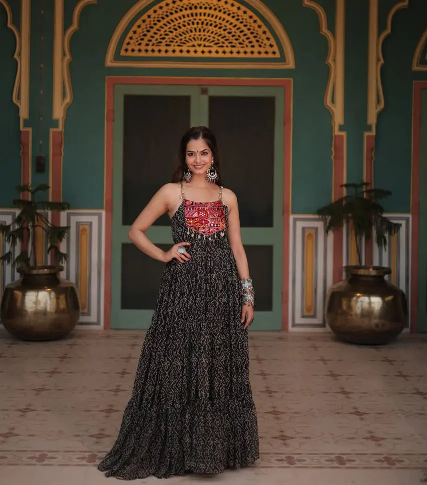 Black Bandhani Print With Kutchi Patch Work Navratri Gown