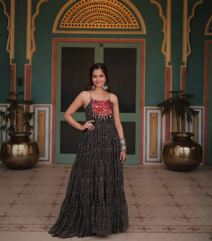 Black Bandhani Print With Kutchi Patch Work Navratri Gown