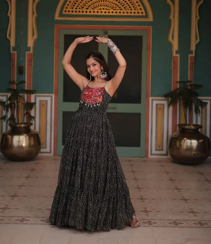 Black Bandhani Print With Kutchi Patch Work Navratri Gown