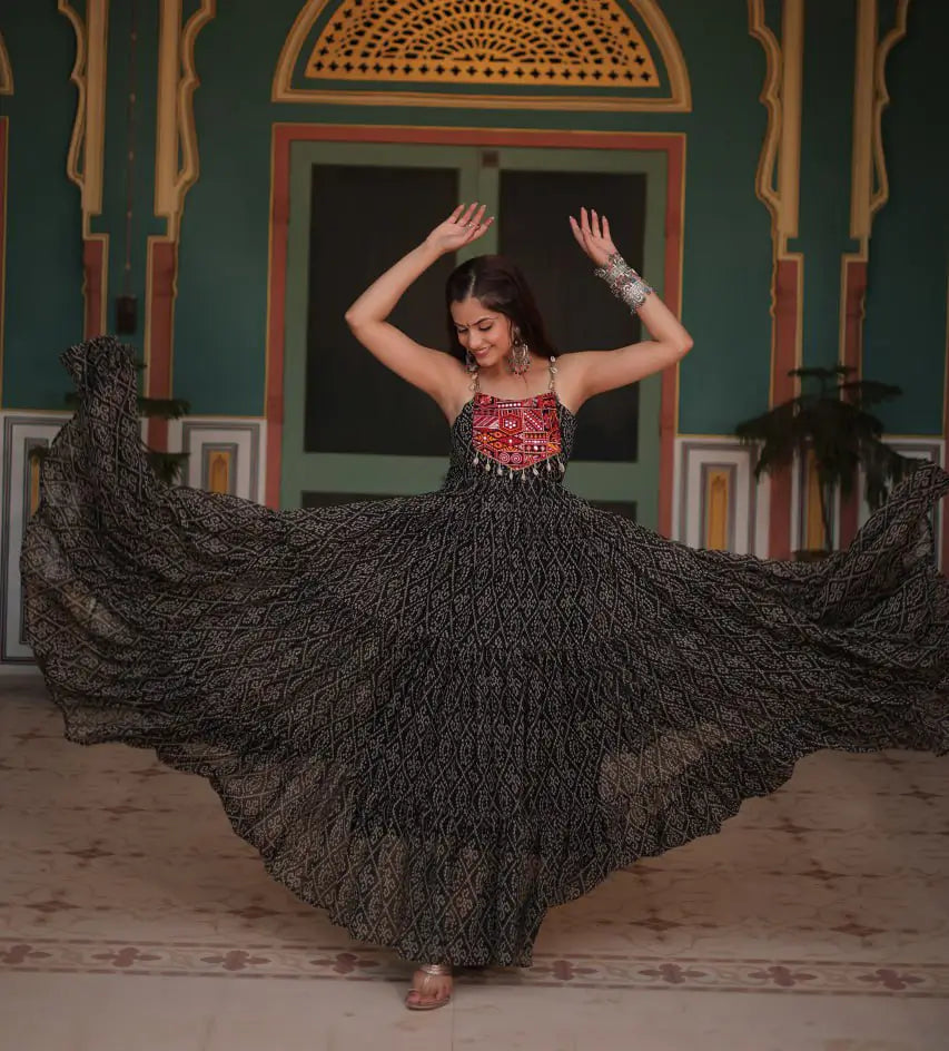 Black Bandhani Print With Kutchi Patch Work Navratri Gown