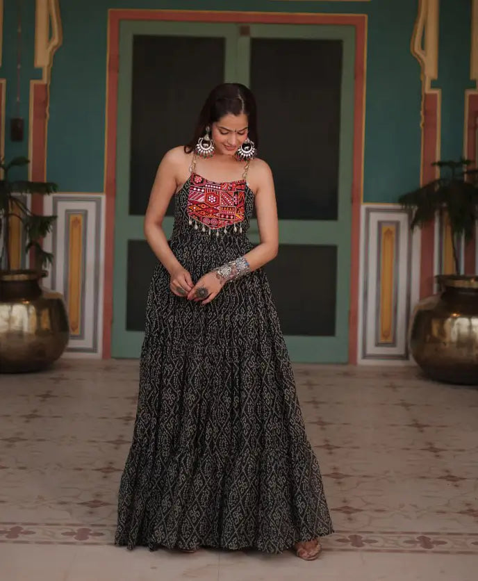 Black Bandhani Print With Kutchi Patch Work Navratri Gown