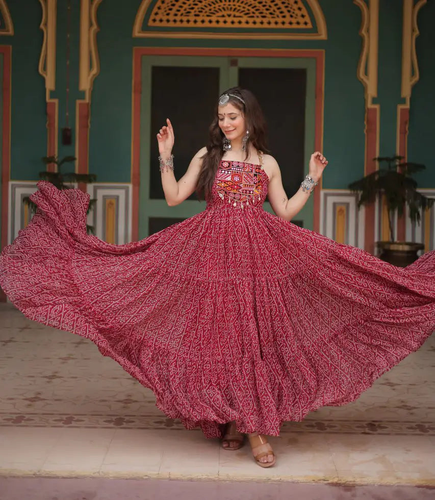 Maroon Bandhani Print With Kutchi Patch Work Navratri Gown