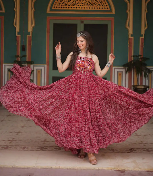 Maroon Bandhani Print With Kutchi Patch Work Navratri Gown