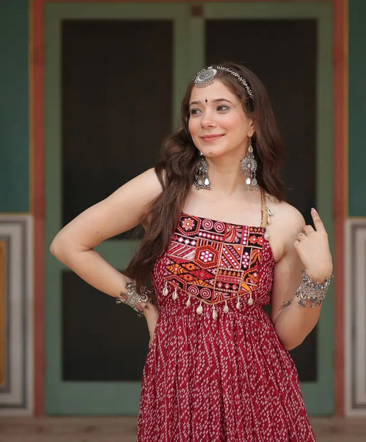 Maroon Bandhani Print With Kutchi Patch Work Navratri Gown