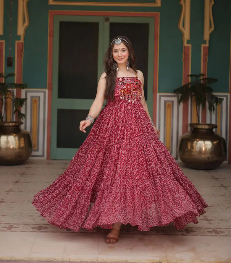 Maroon Bandhani Print With Kutchi Patch Work Navratri Gown
