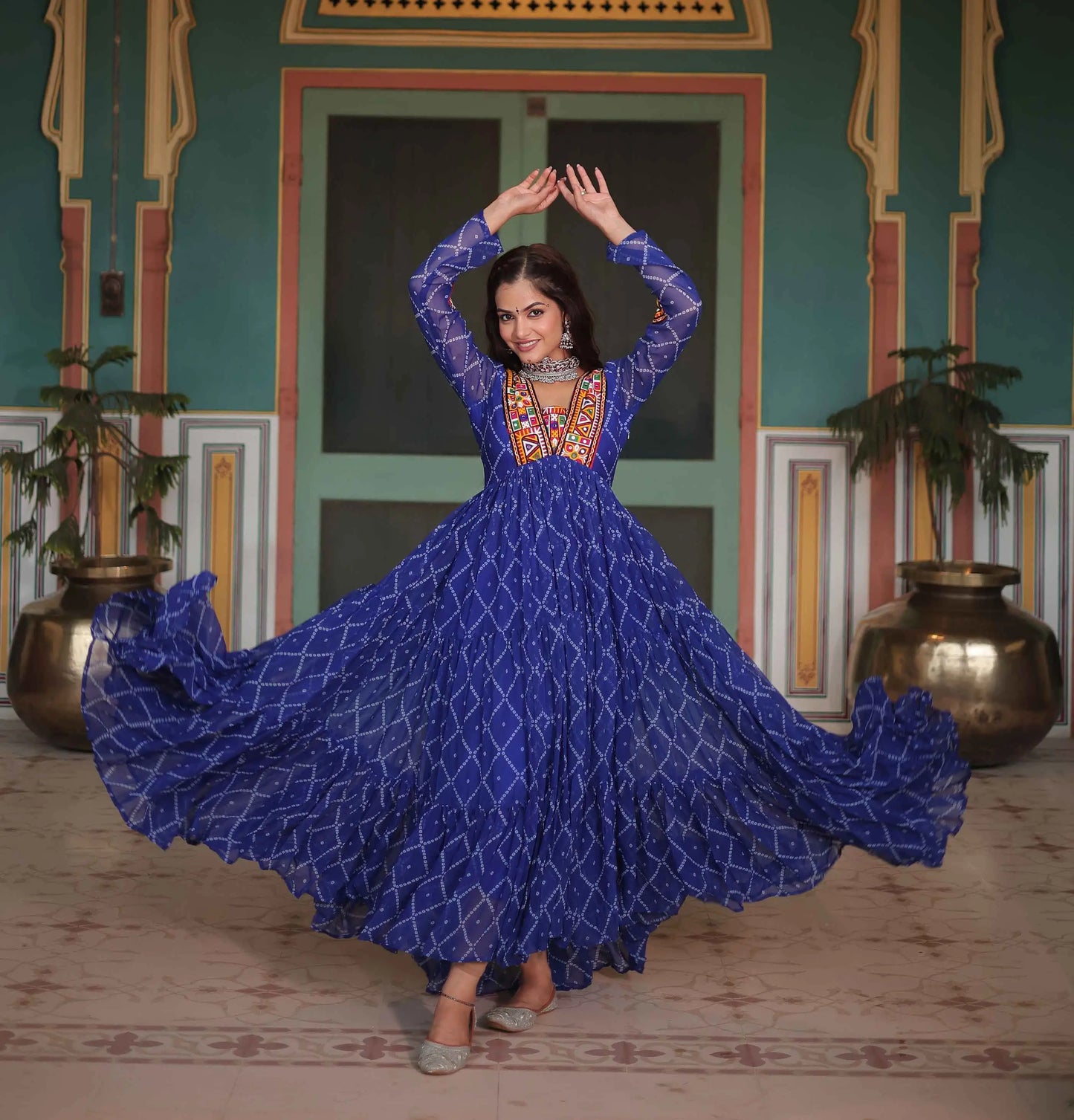 Royal Blue Bandhani Print With Kutchi Patch Work Navratri Gown