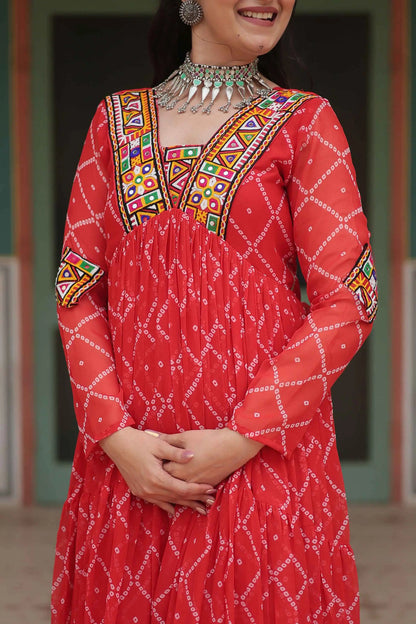 Orange Red Bandhani Print With Kutchi Patch Work Navratri Gown