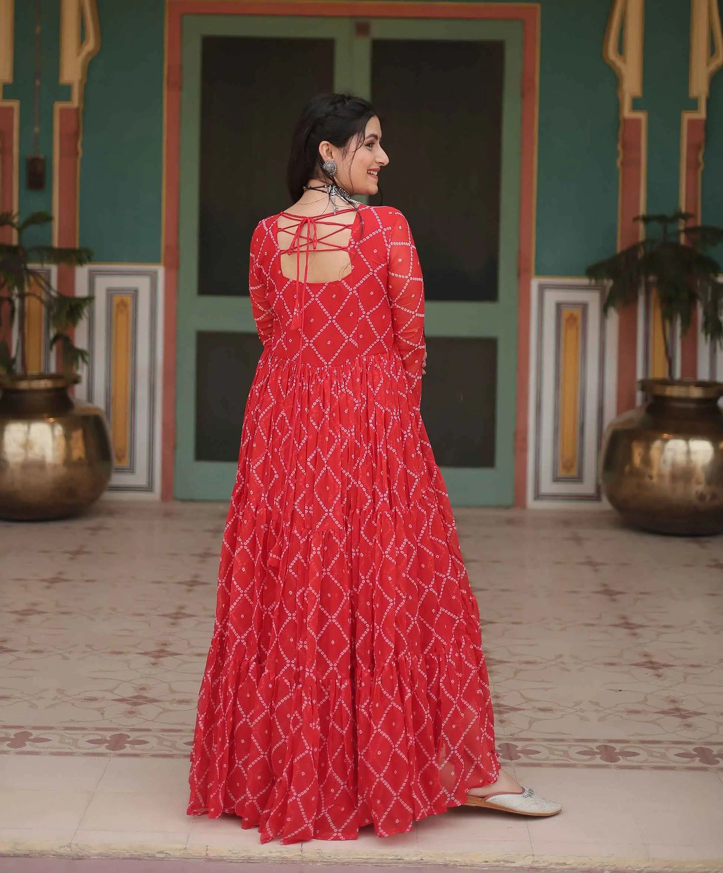 Orange Red Bandhani Print With Kutchi Patch Work Navratri Gown