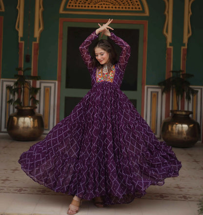 Wine Bandhani Print With Kutchi Patch Work Navratri Gown
