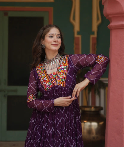 Wine Bandhani Print With Kutchi Patch Work Navratri Gown