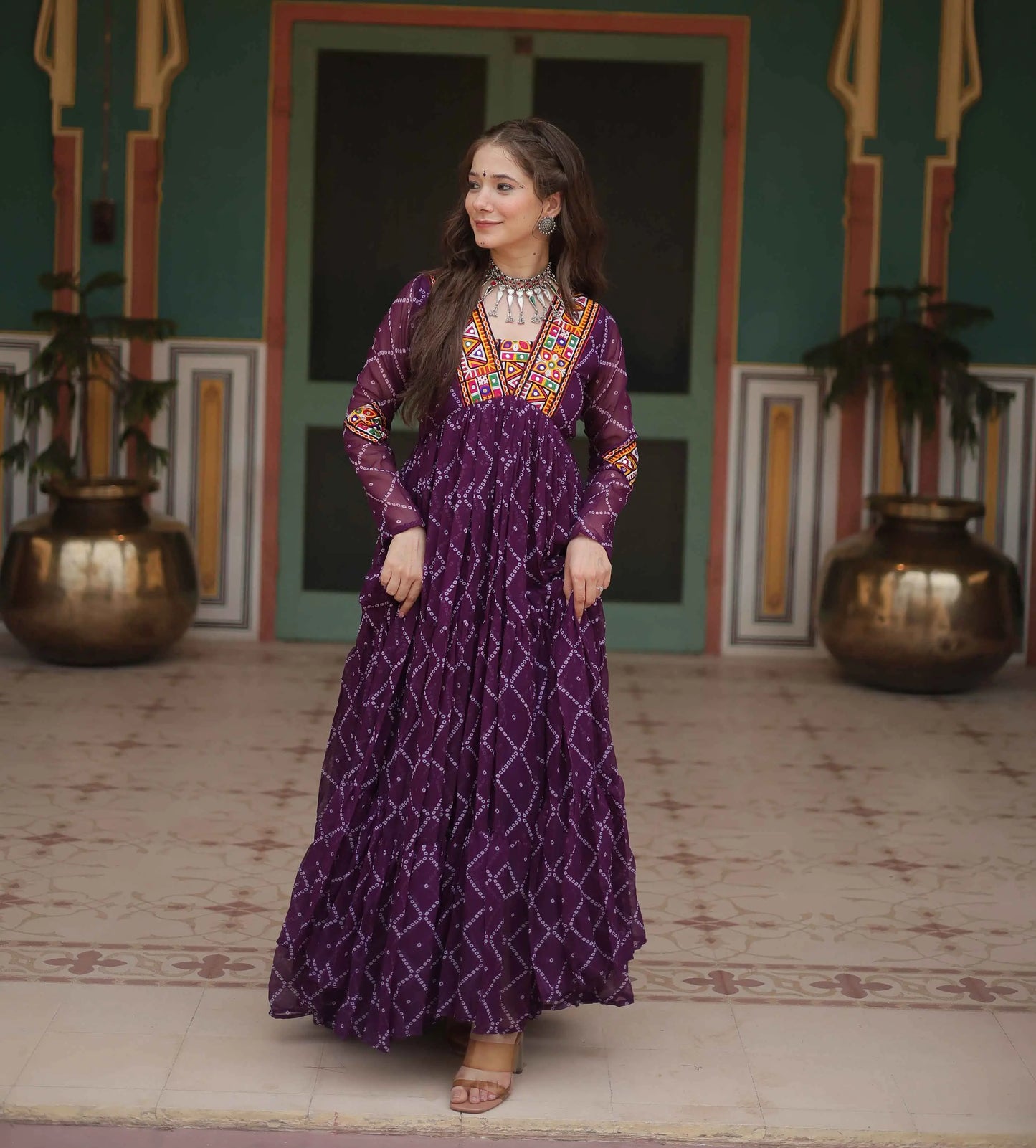 Wine Bandhani Print With Kutchi Patch Work Navratri Gown