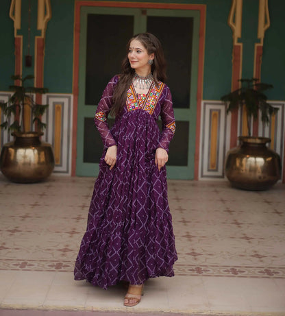 Wine Bandhani Print With Kutchi Patch Work Navratri Gown