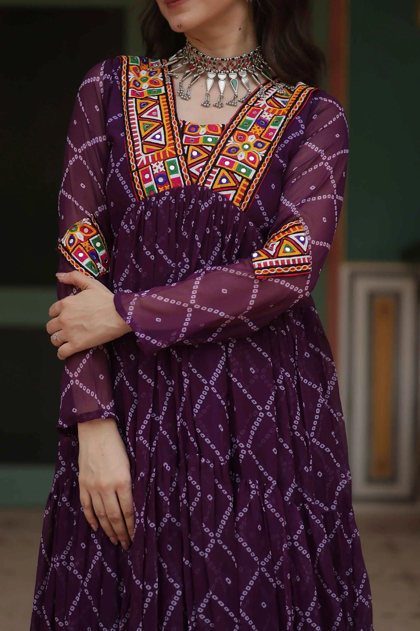 Wine Bandhani Print With Kutchi Patch Work Navratri Gown