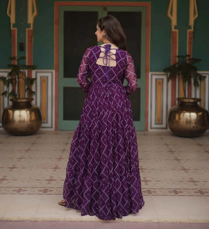 Wine Bandhani Print With Kutchi Patch Work Navratri Gown