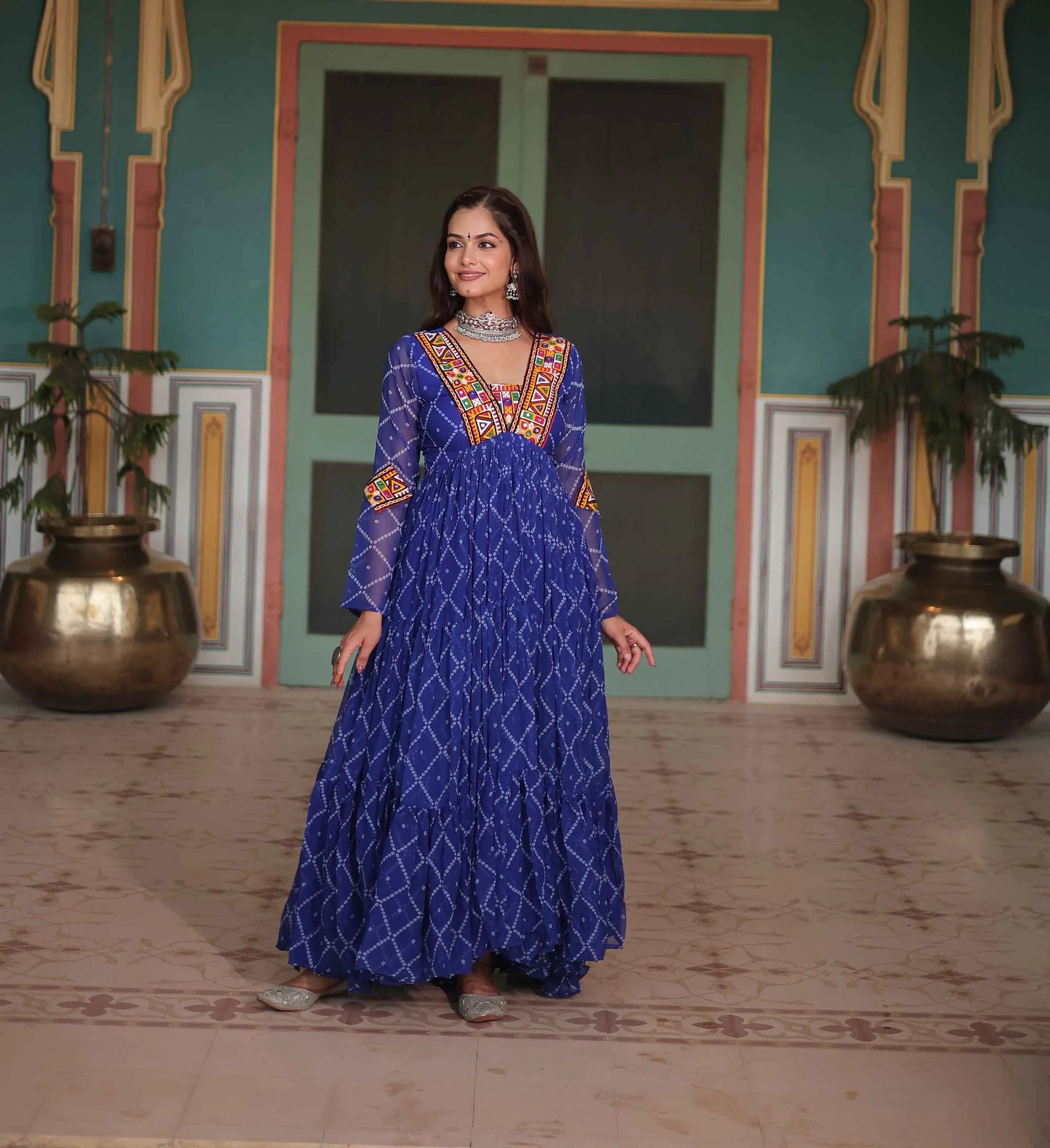 Royal Blue Bandhani Print With Kutchi Patch Work Navratri Gown