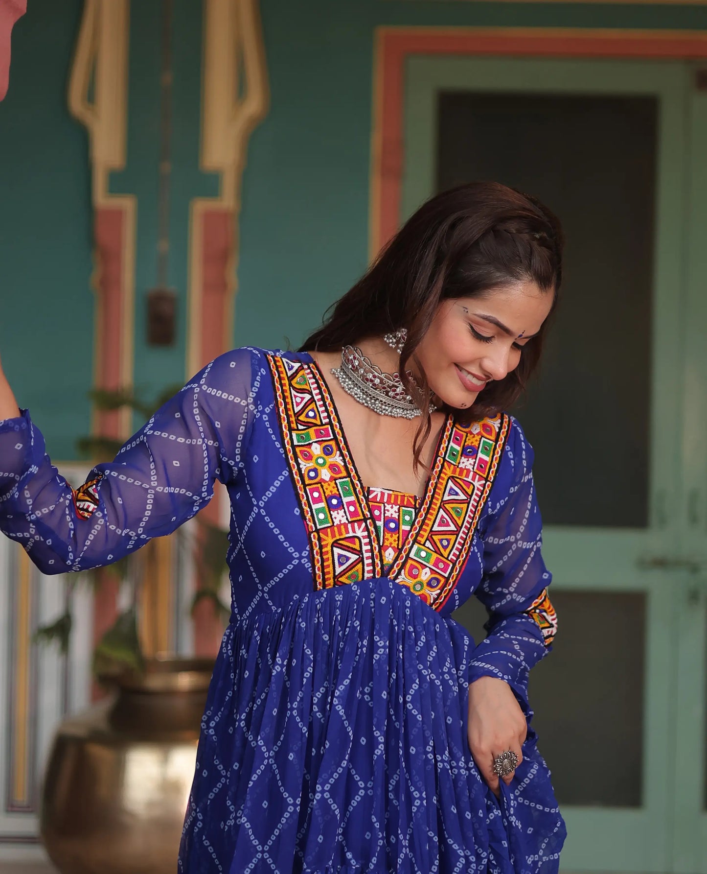 Royal Blue Bandhani Print With Kutchi Patch Work Navratri Gown