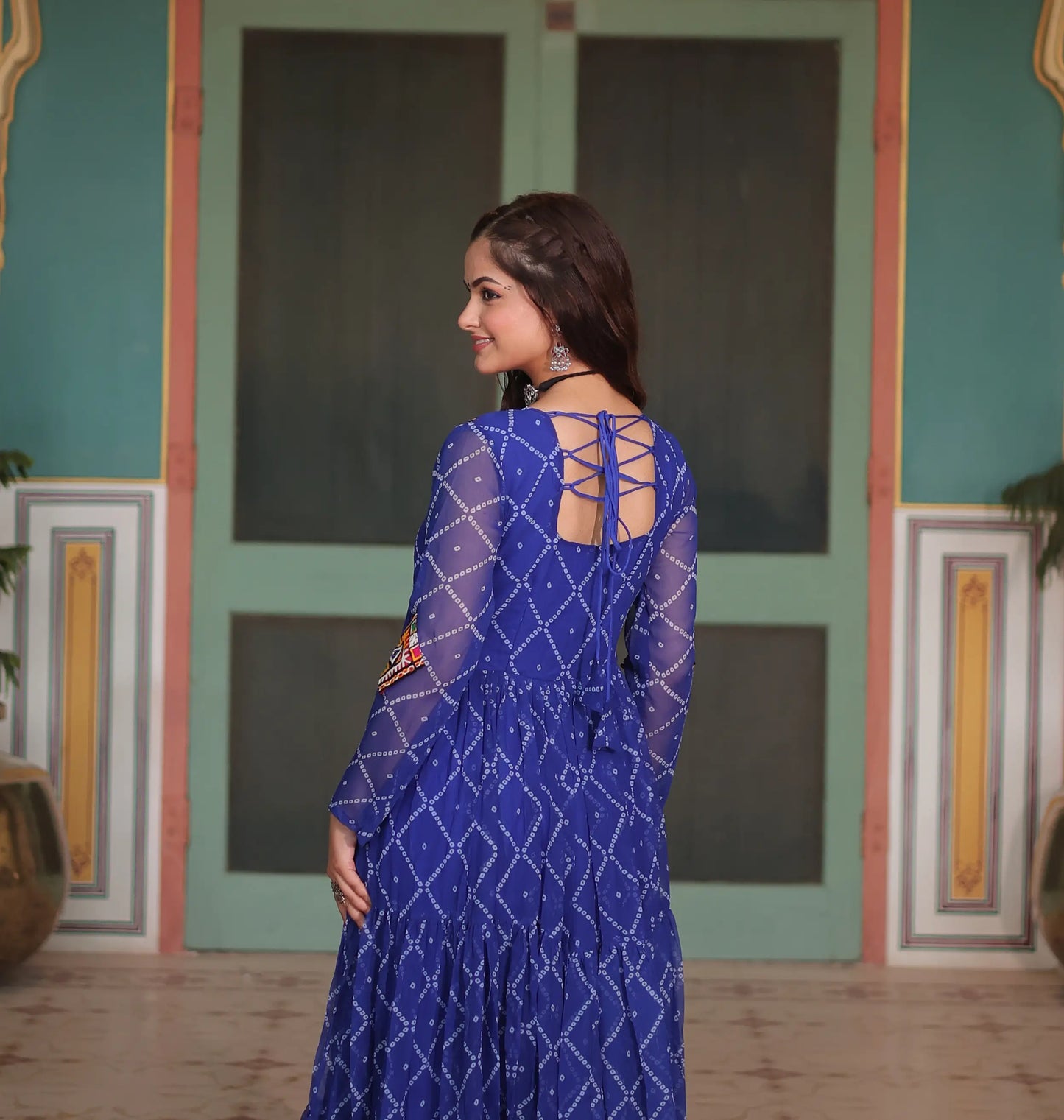 Royal Blue Bandhani Print With Kutchi Patch Work Navratri Gown