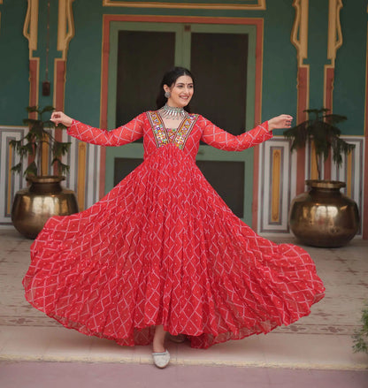 Orange Red Bandhani Print With Kutchi Patch Work Navratri Gown