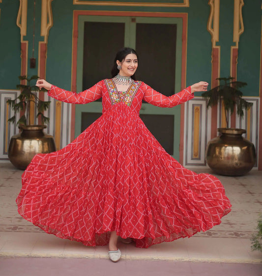 Orange Red Bandhani Print With Kutchi Patch Work Navratri Gown