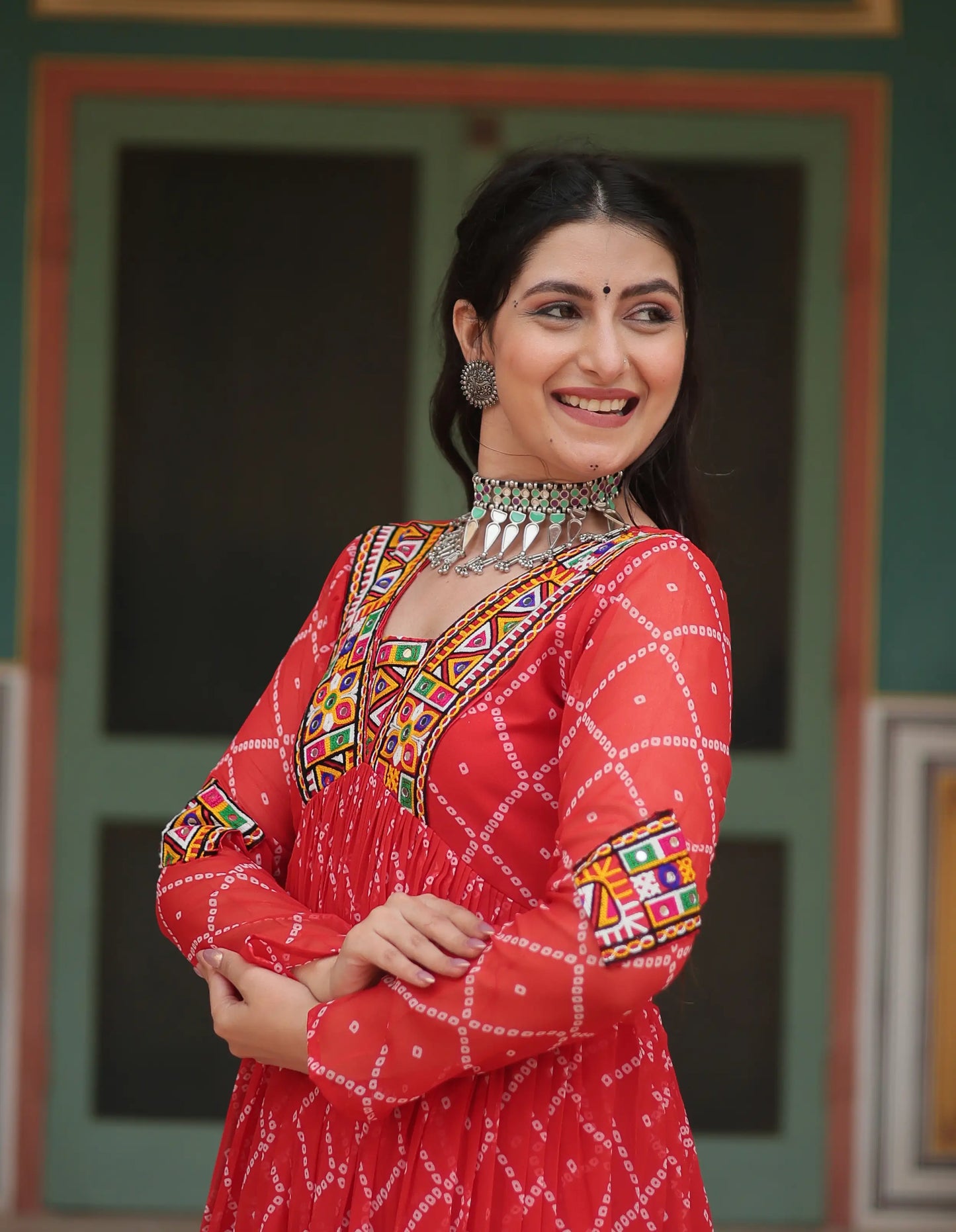 Orange Red Bandhani Print With Kutchi Patch Work Navratri Gown