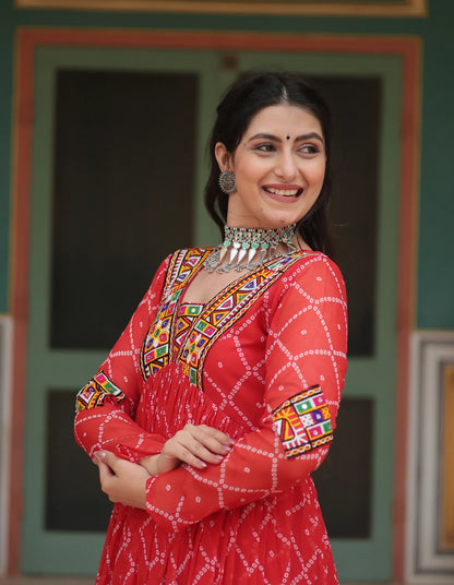 Orange Red Bandhani Print With Kutchi Patch Work Navratri Gown