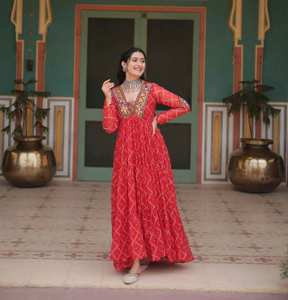 Orange Red Bandhani Print With Kutchi Patch Work Navratri Gown