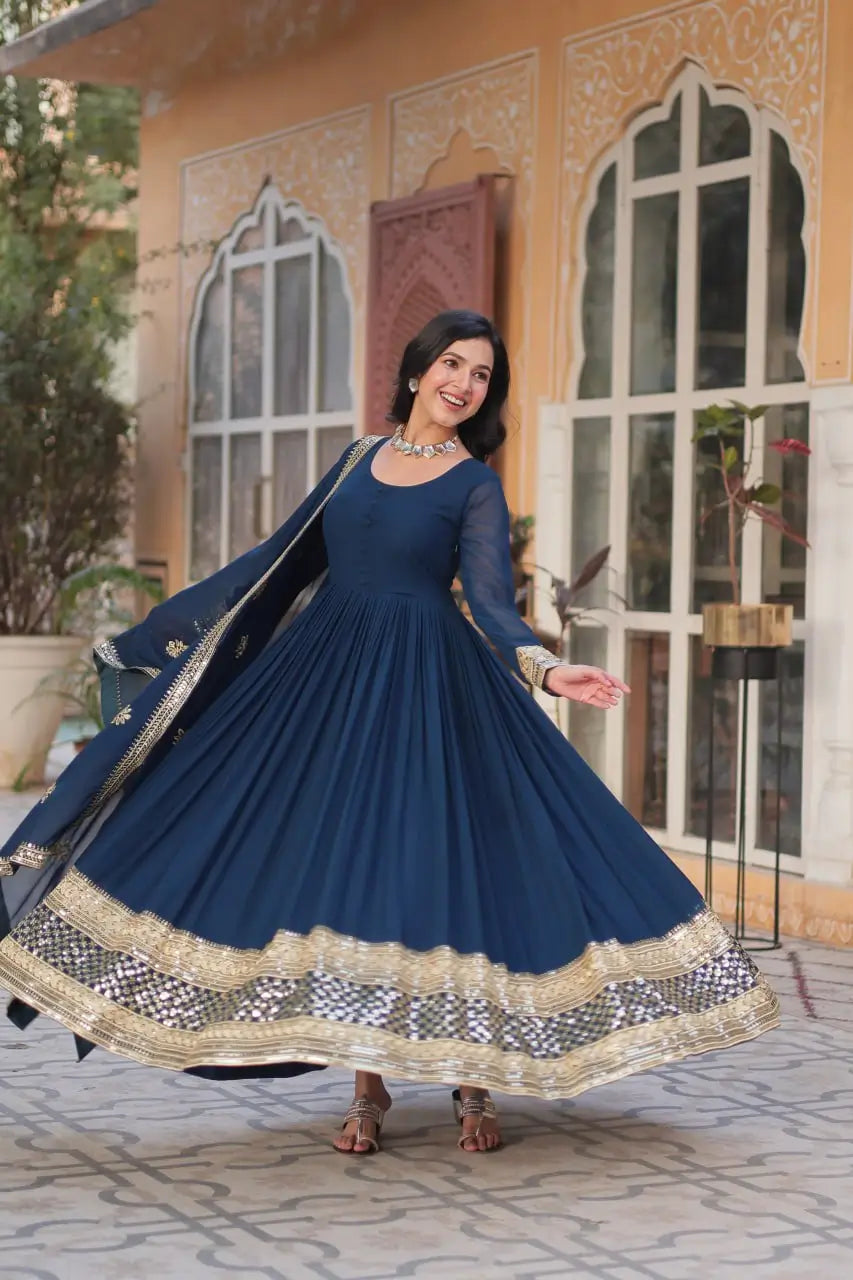 Tealish Blue Designer Gown With Sequins Embroidery work With Dupatta