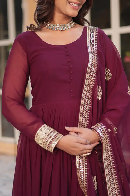 Dark Maroon Designer Gown With Sequins Embroidery work With Dupatta