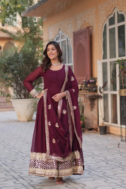 Dark Maroon Designer Gown With Sequins Embroidery work With Dupatta