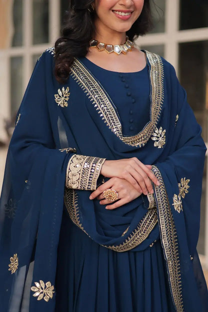 Tealish Blue Designer Gown With Sequins Embroidery work With Dupatta