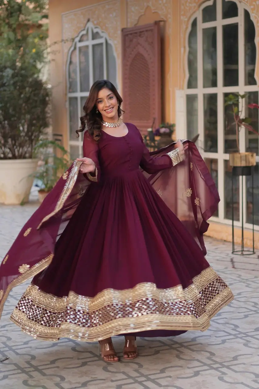 Dark Maroon Designer Gown With Sequins Embroidery work With Dupatta