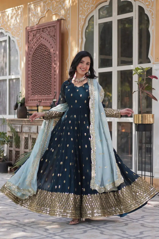Grayish Blue Designer Gown With Sequins Embroidery Work With Dupatta