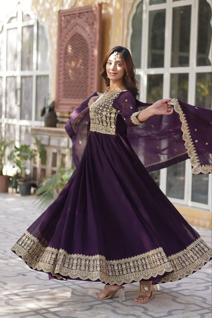 Purply Magenta Georgette Gown With Sequins Embroidery Work With Dupatta