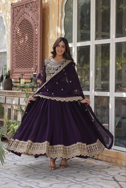 Purply Magenta Georgette Gown With Sequins Embroidery Work With Dupatta