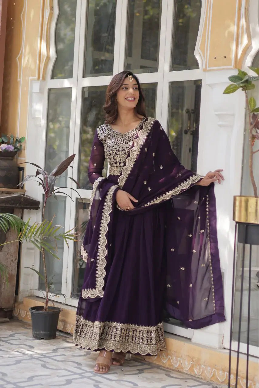 Purply Magenta Georgette Gown With Sequins Embroidery Work With Dupatta