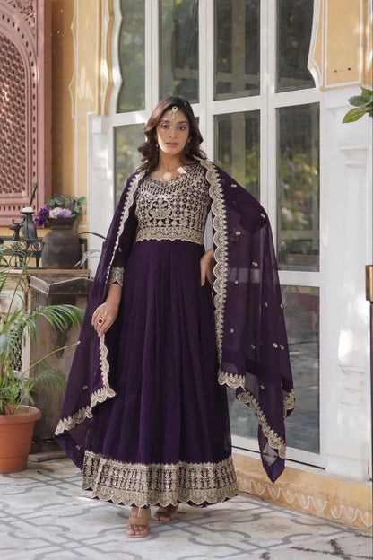 Purply Magenta Georgette Gown With Sequins Embroidery Work With Dupatta