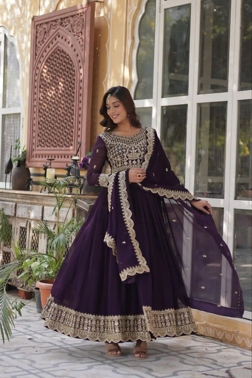Purply Magenta Georgette Gown With Sequins Embroidery Work With Dupatta