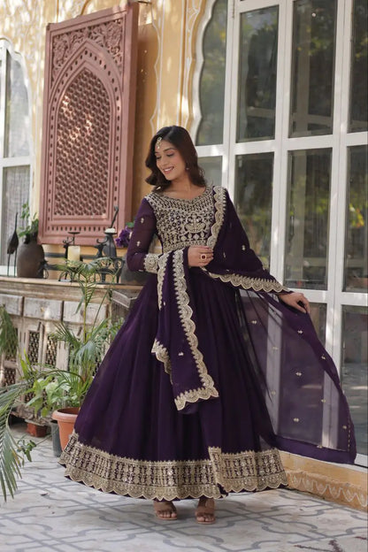 Purply Magenta Georgette Gown With Sequins Embroidery Work With Dupatta